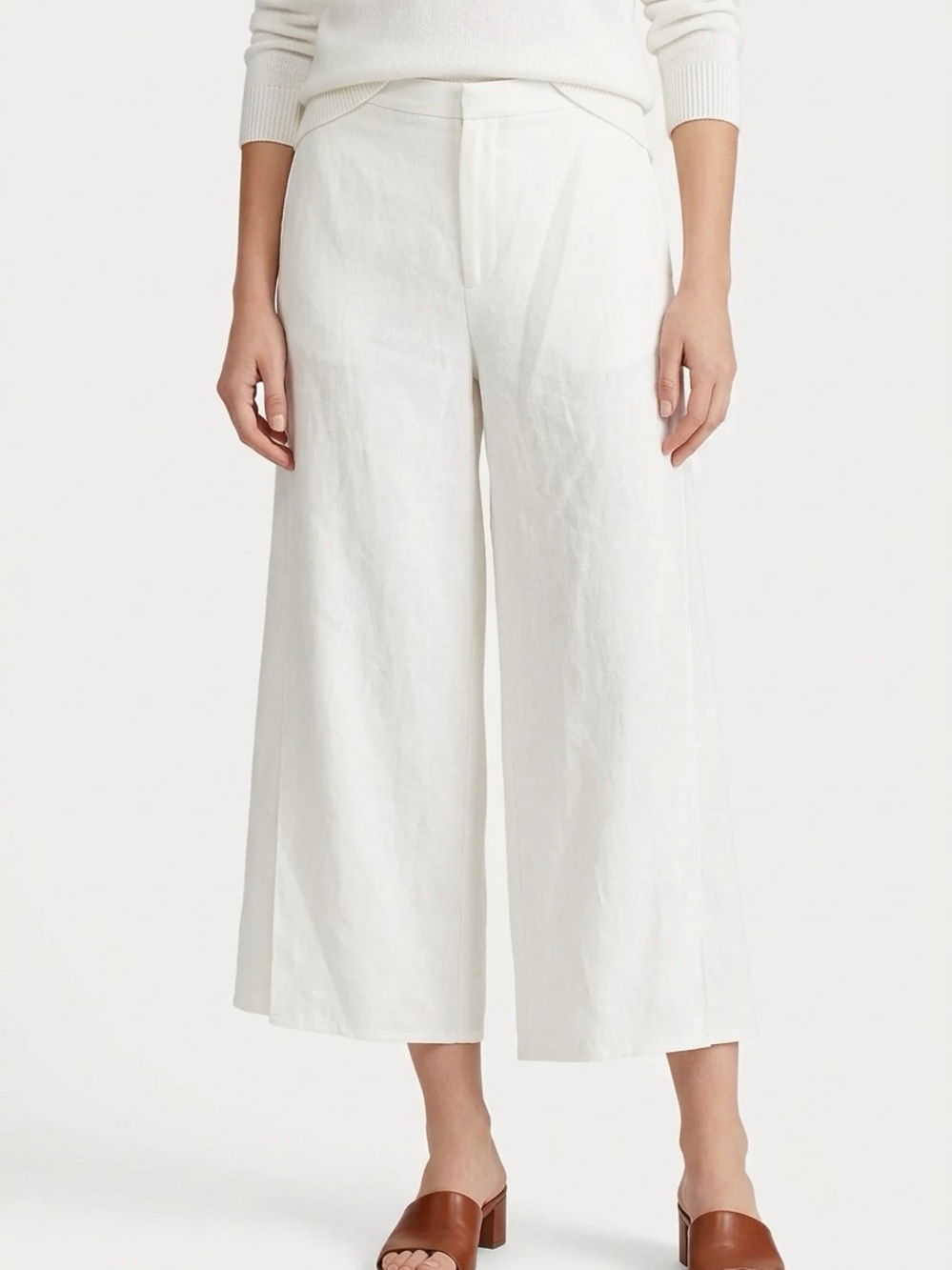 RALPH LAUREN COLLECTION | Purple Label Ivory Linen Blend Cropped Wide Leg Pants